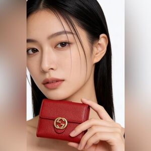 43-25 Preloved Gucci Scarlet Leather Wallet with Interlocking Reverse GG in Gold